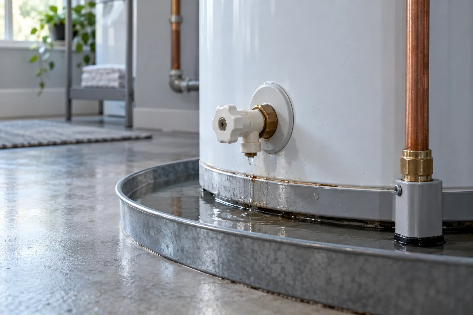 Illustrative photograph of a residential water heater and a visible leak