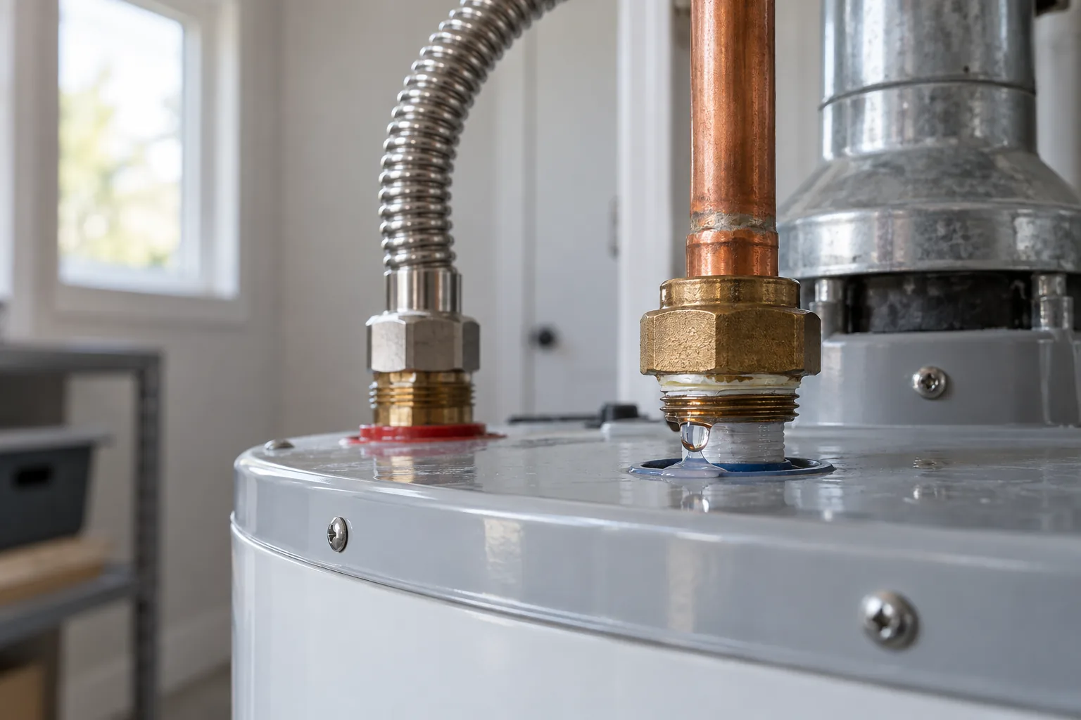 Illustrative photograph of a residential water heater and a visible leak