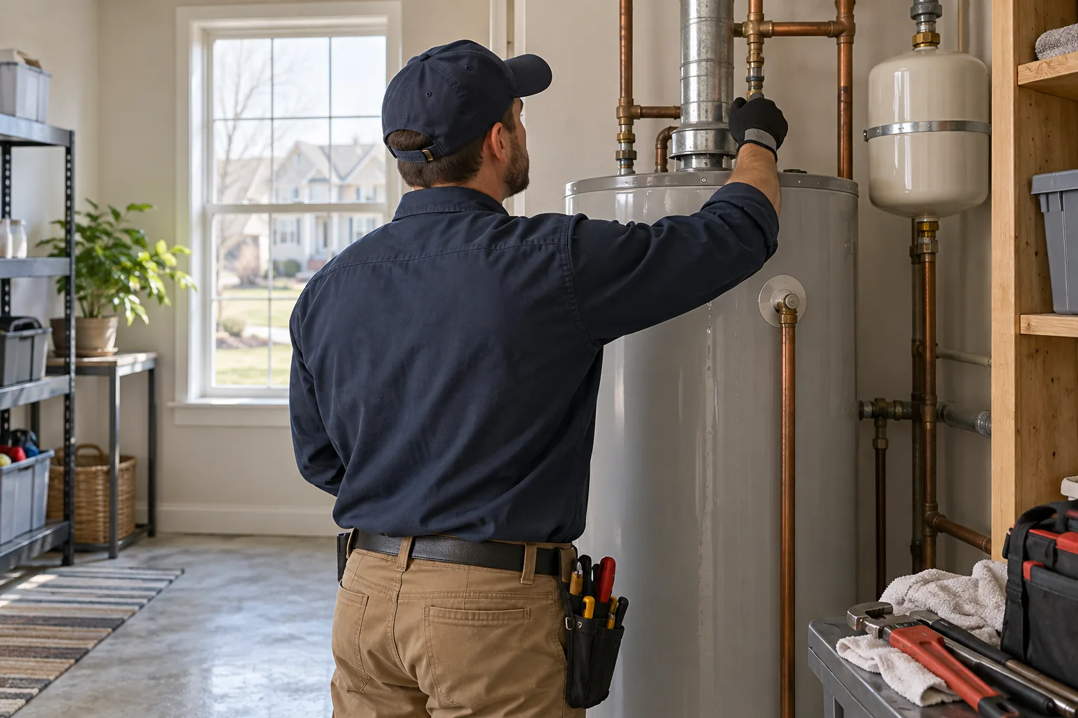 Technician performing water heater repair diagnostics in Westfield