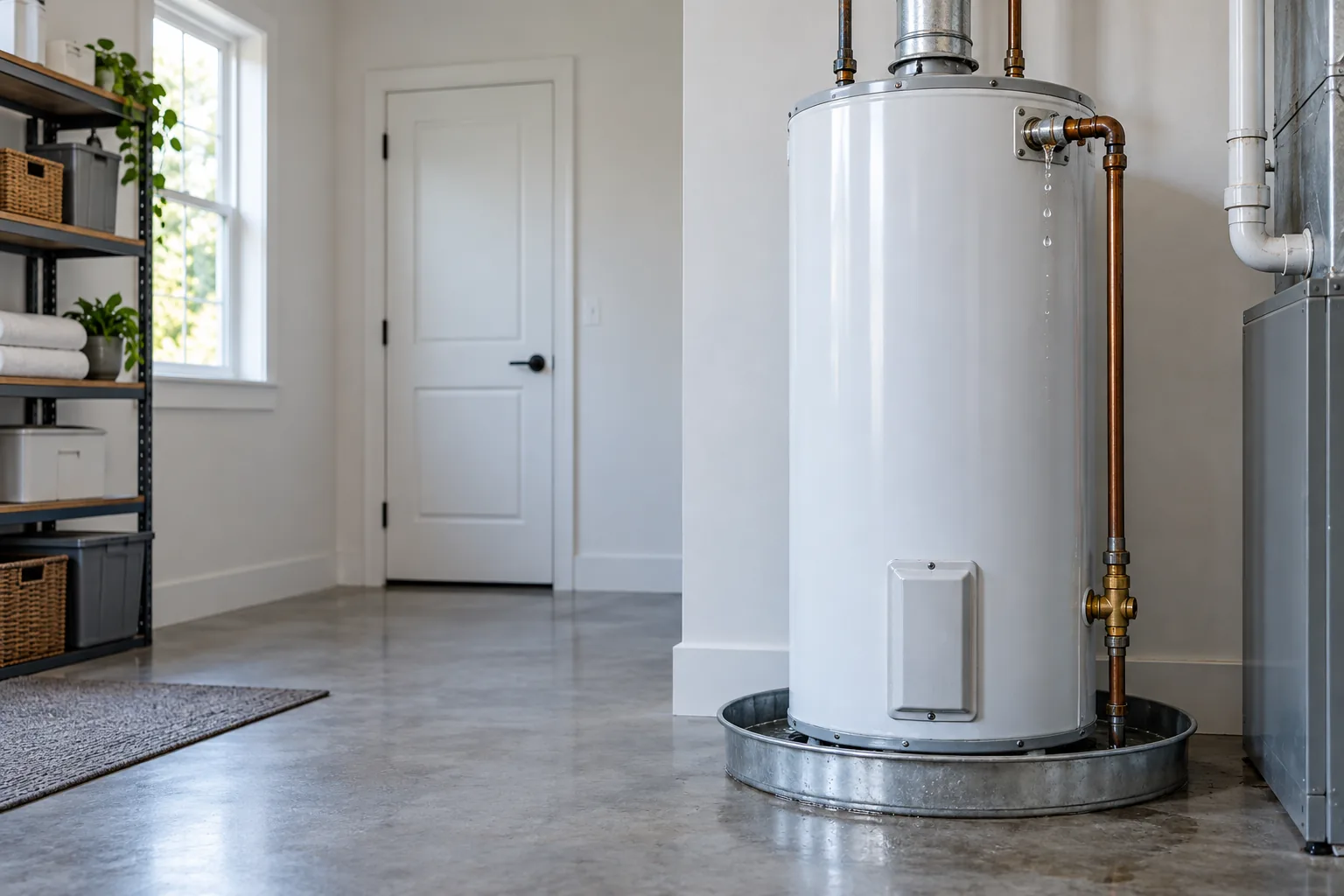 Illustrative photograph of a residential water heater and a visible leak