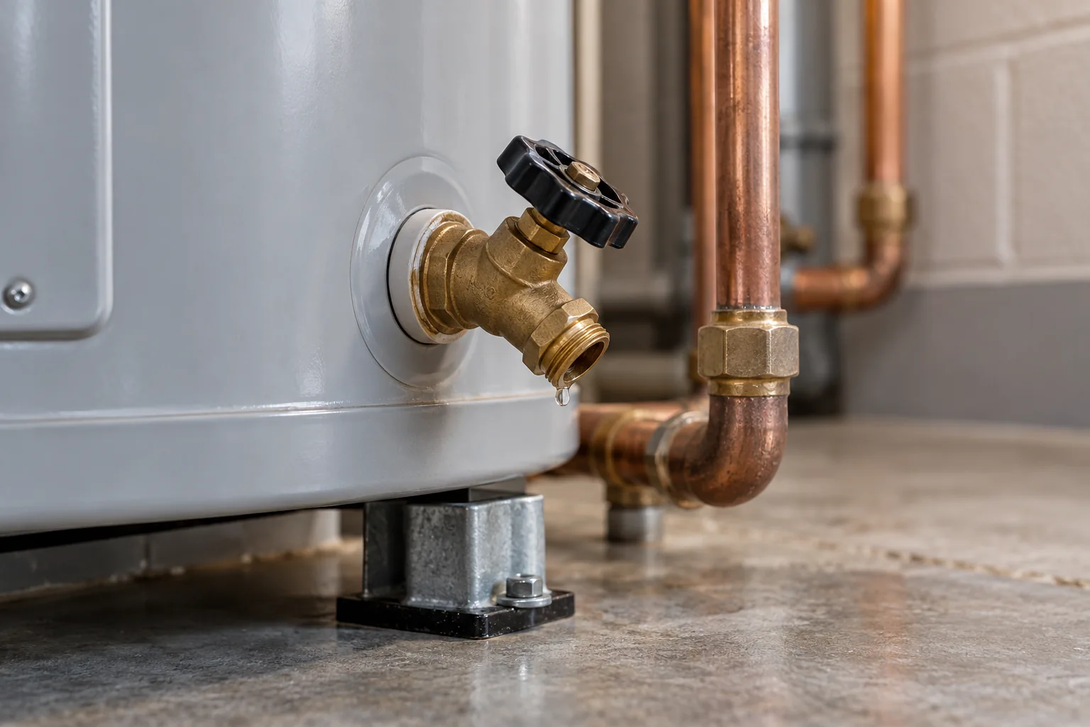 Tankless water heater valve and connections close-up